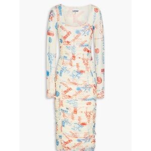 Ganni printed ruched stretch-mesh midi dress
